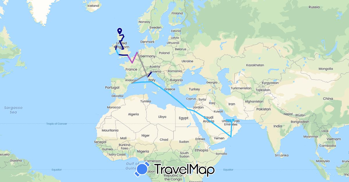 TravelMap itinerary: driving, plane, train, boat in United Arab Emirates, Egypt, Spain, France, United Kingdom, Ireland, Italy, Jordan, Netherlands, Oman, Qatar (Africa, Asia, Europe)